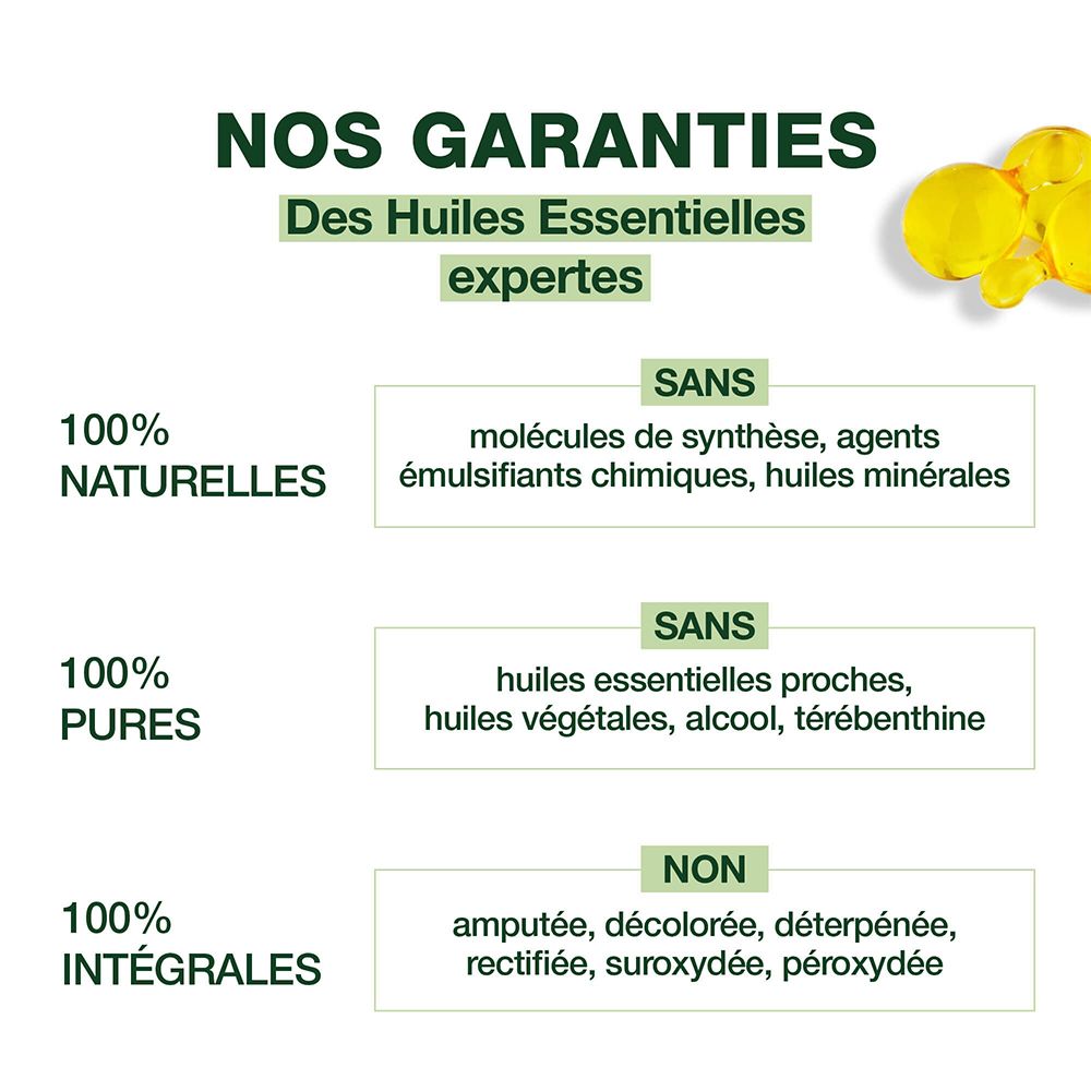 Tableau de texte avec garanties. Huiles essentielles 100% naturelles, pures et intégrales. Pas de molécules synthétiques.