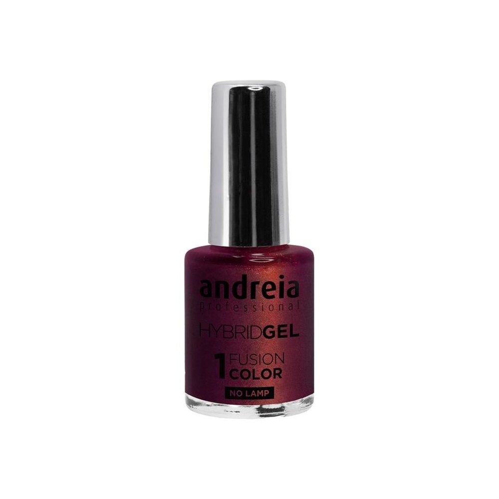 Nagellakfles met zilveren dop. Opschrift: Andreia Professional Hybridgel, Fusion Color, No Lamp. Kleur: Rouge Violacé.