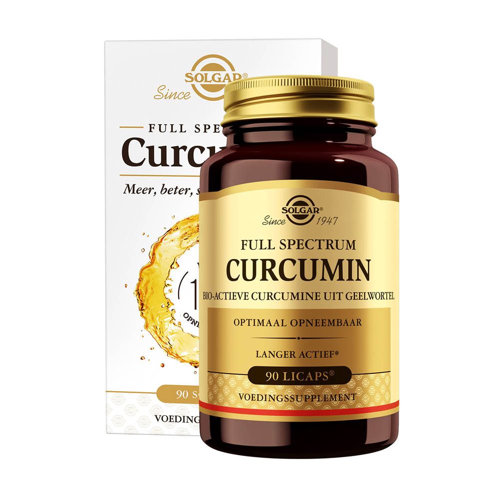 Flacon brun avec bouchon doré et emballage Solgar. Contient Solgar Curcumin.