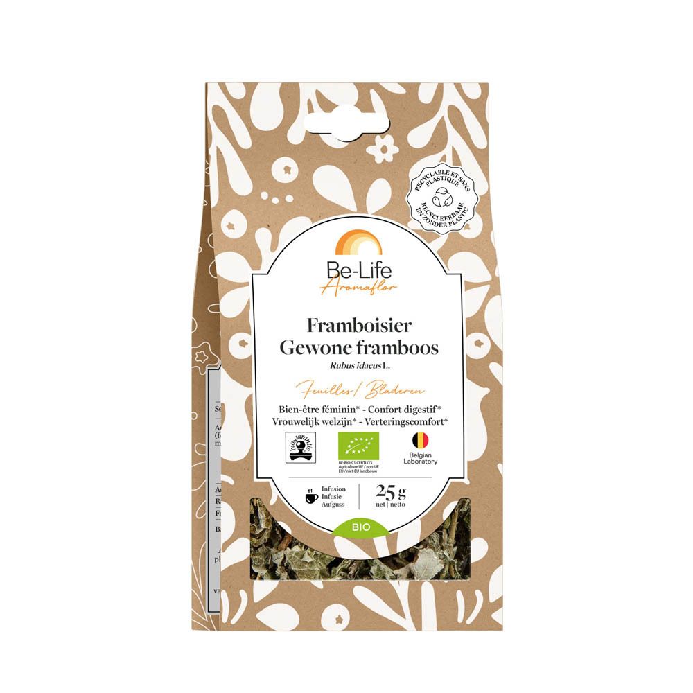 Be-Life Aromaflor Gewone framboos. Bruine papieren verpakking. Tekst: Gewone framboos, 25g, bio-label, België.