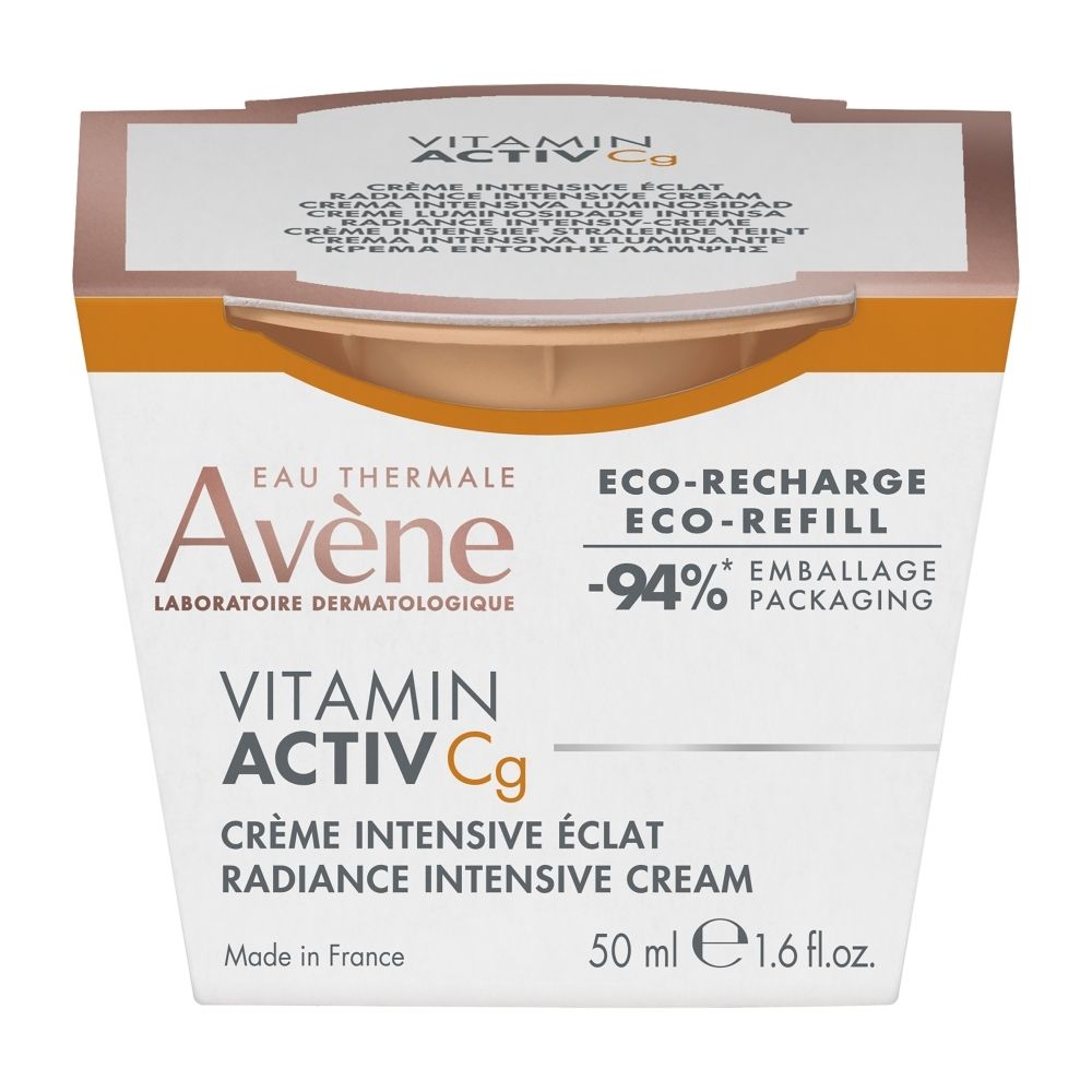 Pot de crème dans un emballage carton. Inscriptions : Avène, Vitamin Activ Cg, Eco-Recharge, 50 ml.
