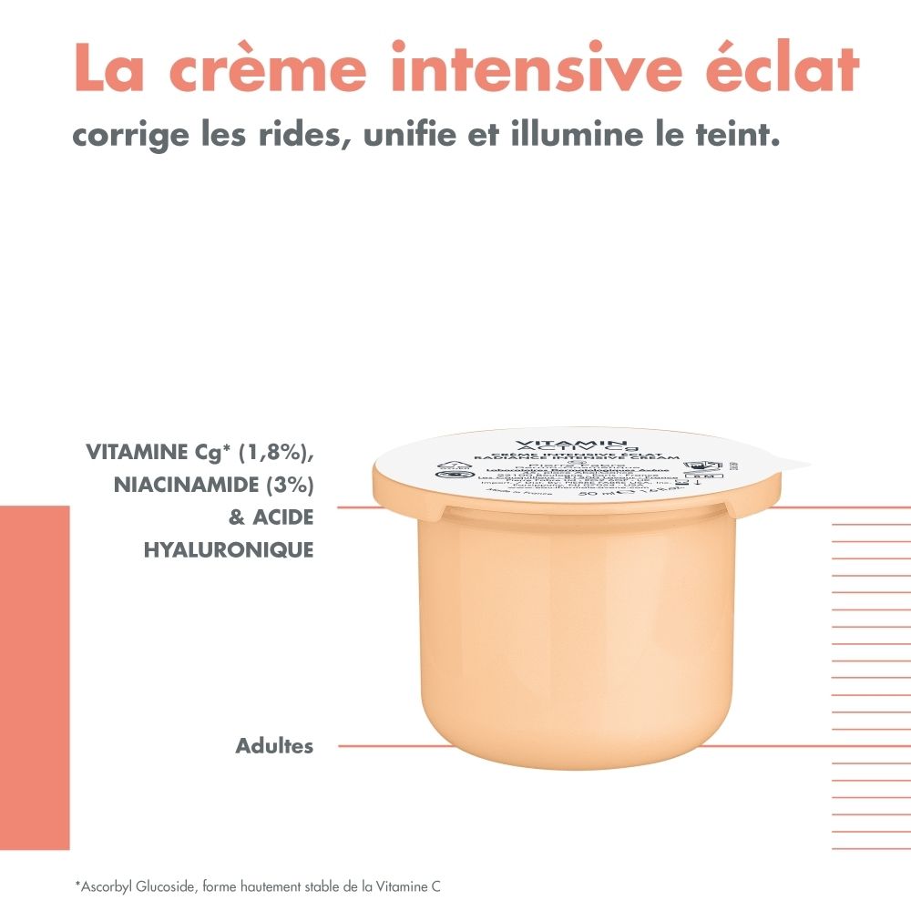 Pot de crème et texte. Texte : Vitamine Cg, Niacinamide, Acide Hyaluronique. Adultes.