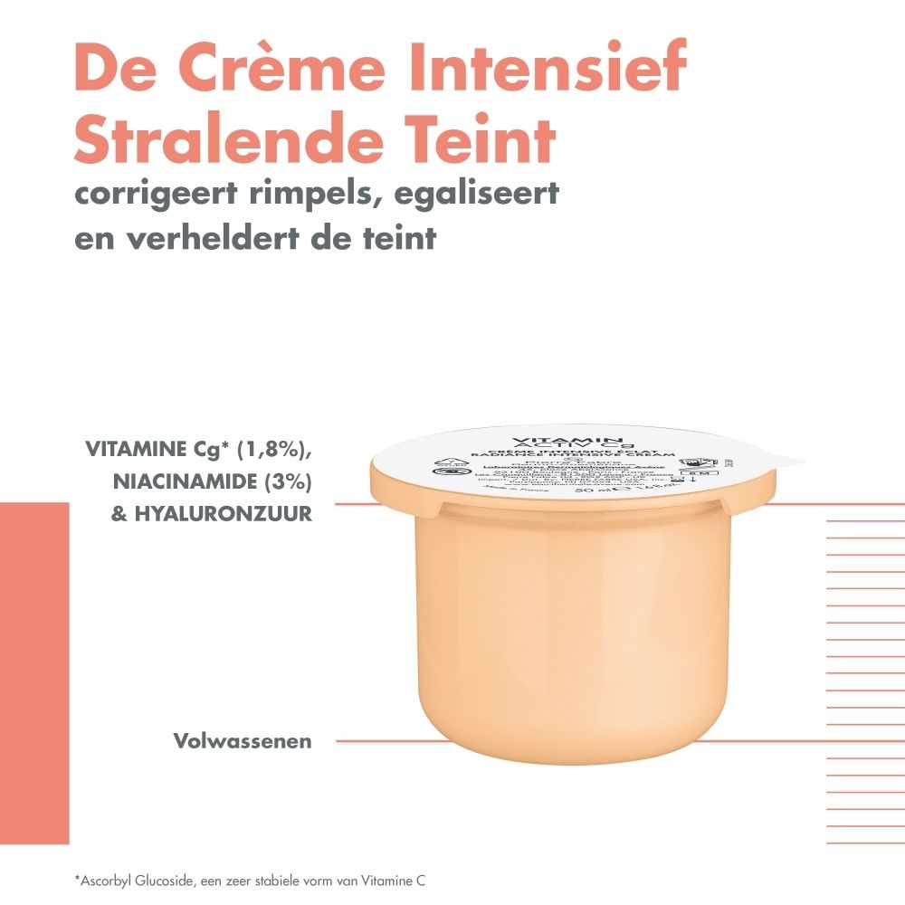 Crèmetiegel en tekst. Tekst: Vitamine Cg, Niacinamide, Hyaluronzuur. Volwassenen.
