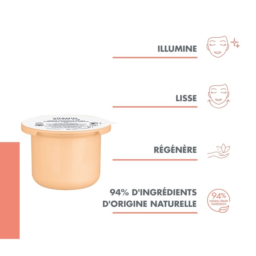 Pot de crème et texte. Texte : Illumine, lisse, régénère. 94% ingrédients naturels.