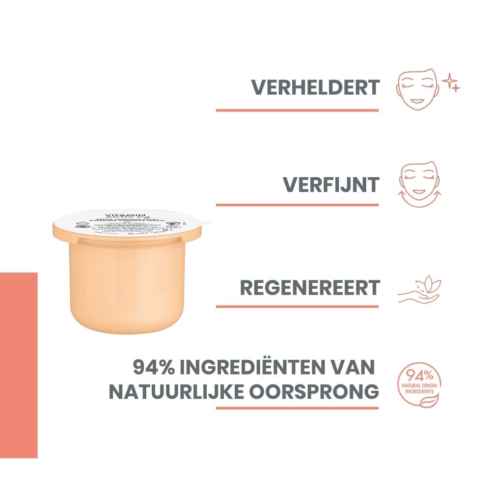 Crèmetiegel en tekst. Tekst: Verheldert, verfijnt, regenereert. 94% natuurlijke ingrediënten.