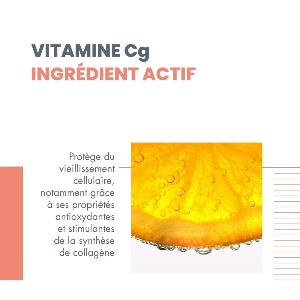 Tranche de citron avec texte. Texte : Vitamine Cg, protège du vieillissement cellulaire.