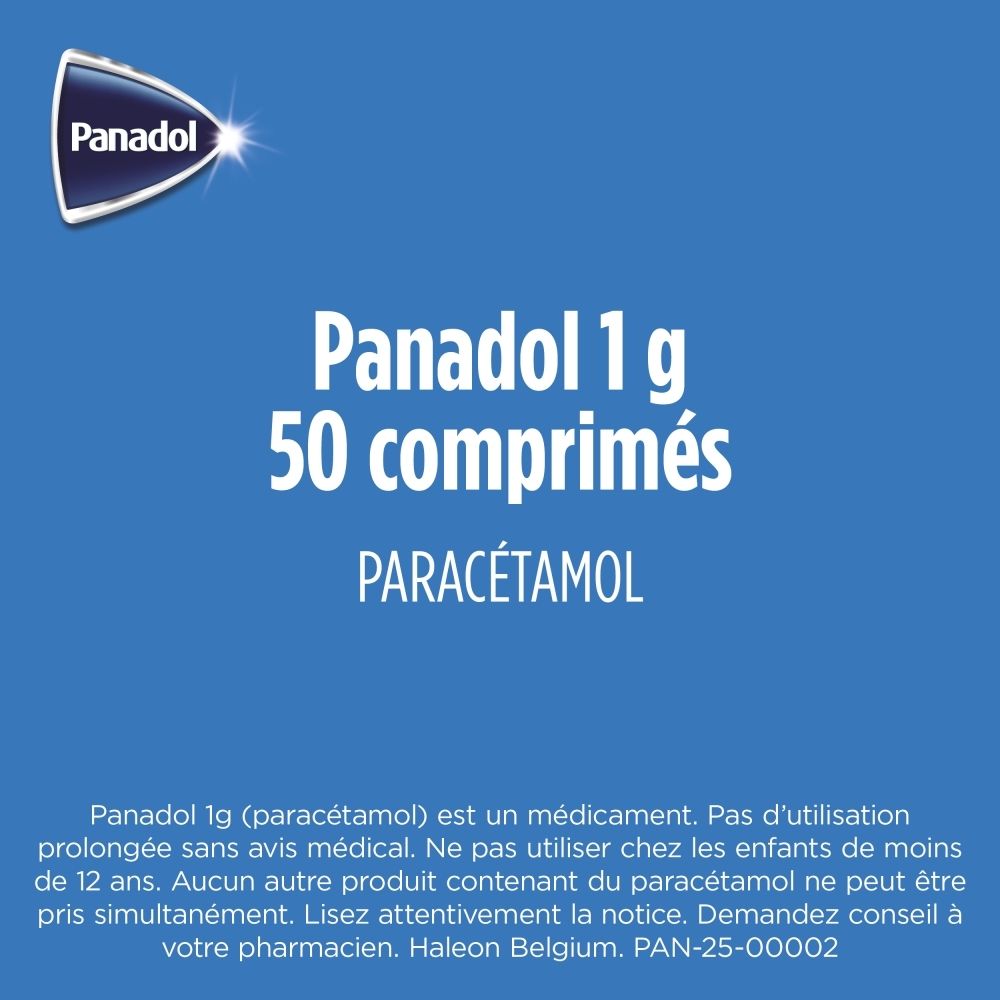Boîte Panadol 1g de 50 comprimés.