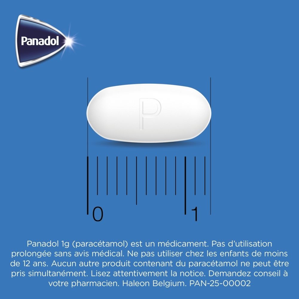 Boîte Panadol 1g de 50 comprimés.