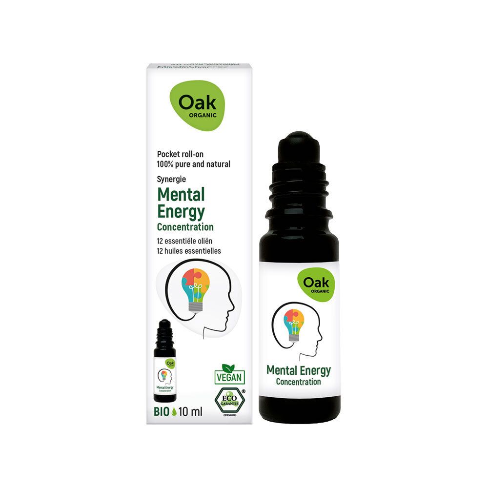 Product en verpakking. Zwarte roll-on fles. Verpakking met logo, illustratie en tekst: Mental Energy Concentration.