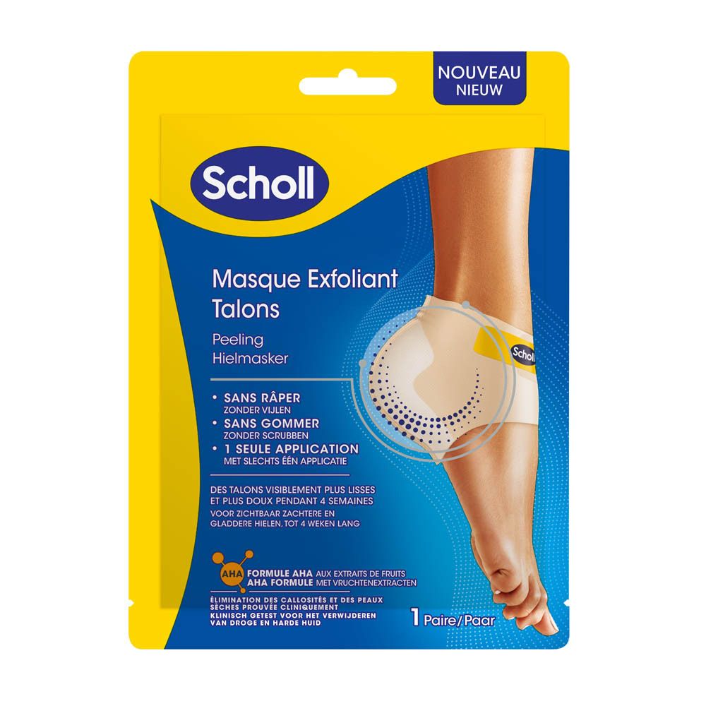 Scholl Masque Exfoliant Talons. Emballage avec masque pour les pieds. Inscription du nom du produit, illustration de pied et texte. Emballage jaune et bleu.