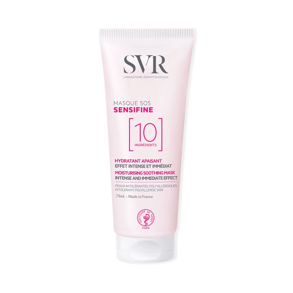 Tube blanc et rose. Inscriptions: SVR, Masque SOS Sensifine, 10 Ingredients. Texte en français et anglais. Contenance: 75ml.