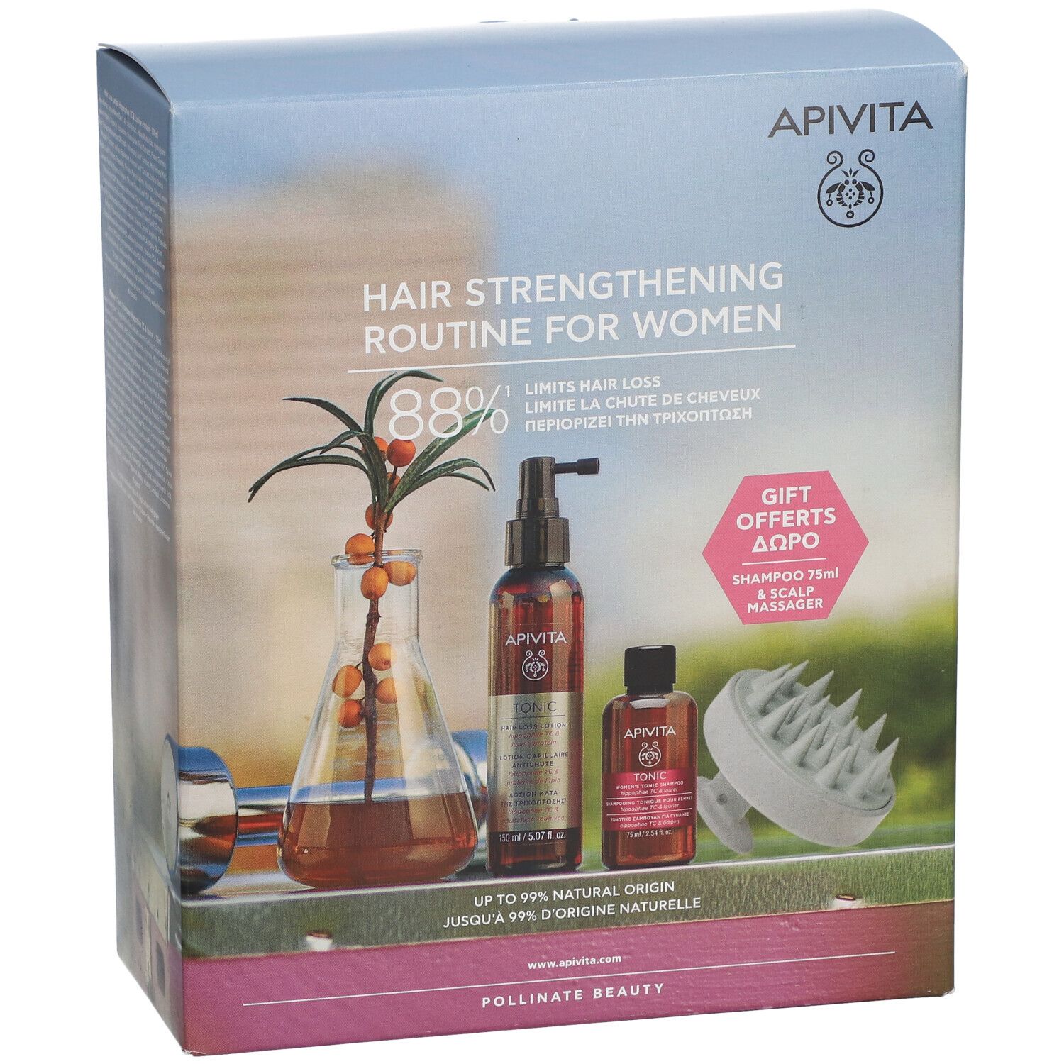 Haarverzorgingsverpakking met flessen, massageborstel en tekst. Merk: Apivita.