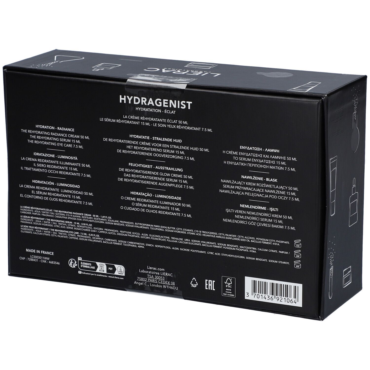 Dos du coffret noir. Informations produit et ingrédients. Marque Lierac, nom du produit Hydragenist.