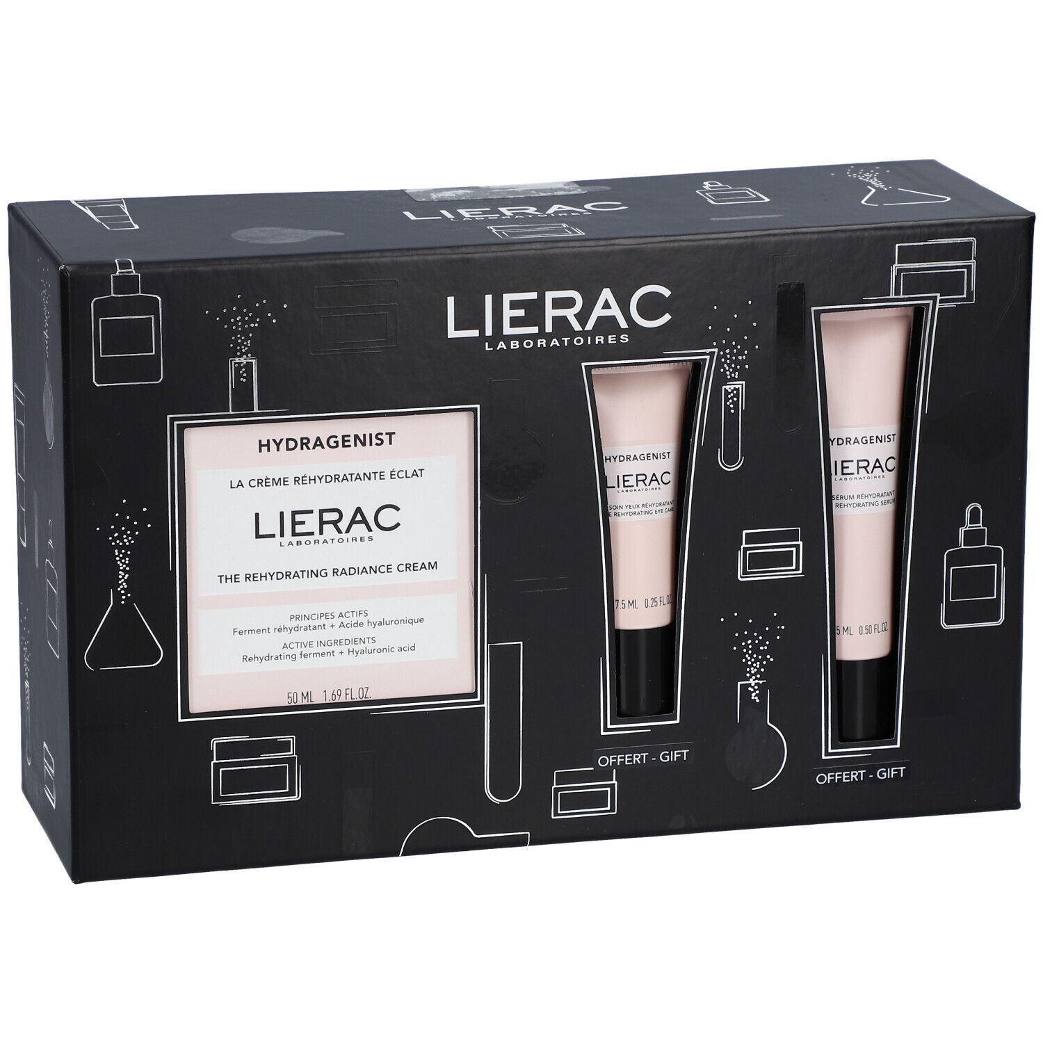 Coffret noir Lierac Hydragenist avec deux tubes de crème. Inscription "Hydragenist" et "La crème réhydratante éclat".