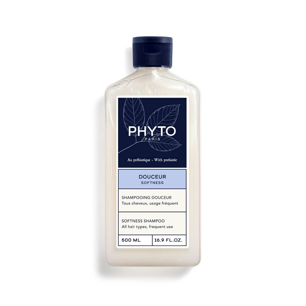 Witte fles met blauwe dop. Label met "Phyto Paris" en "Douceur". Franse en Engelse tekst. Inhoud 600 ml.