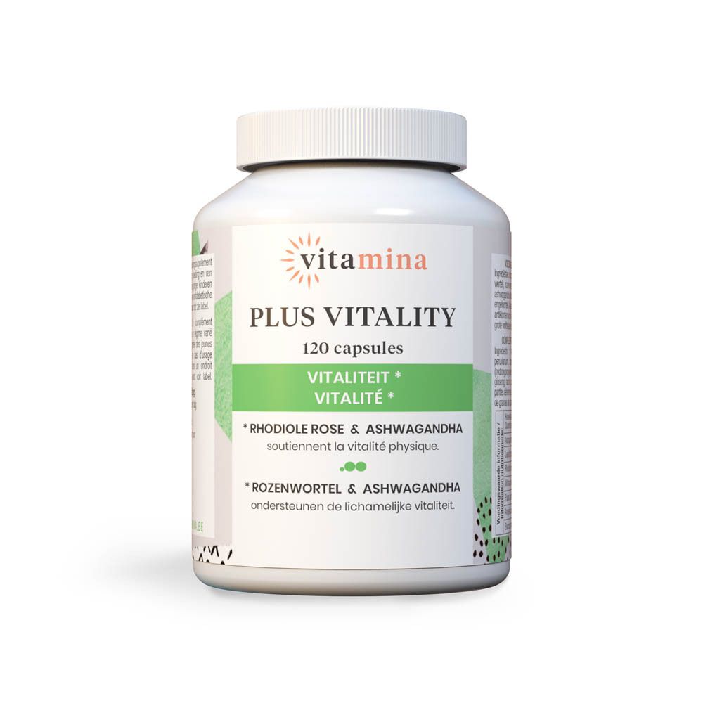 Boîte de 120 gélules Vitamina Plus Vitality, avec Rhodiola Rose & Ashwagandha.