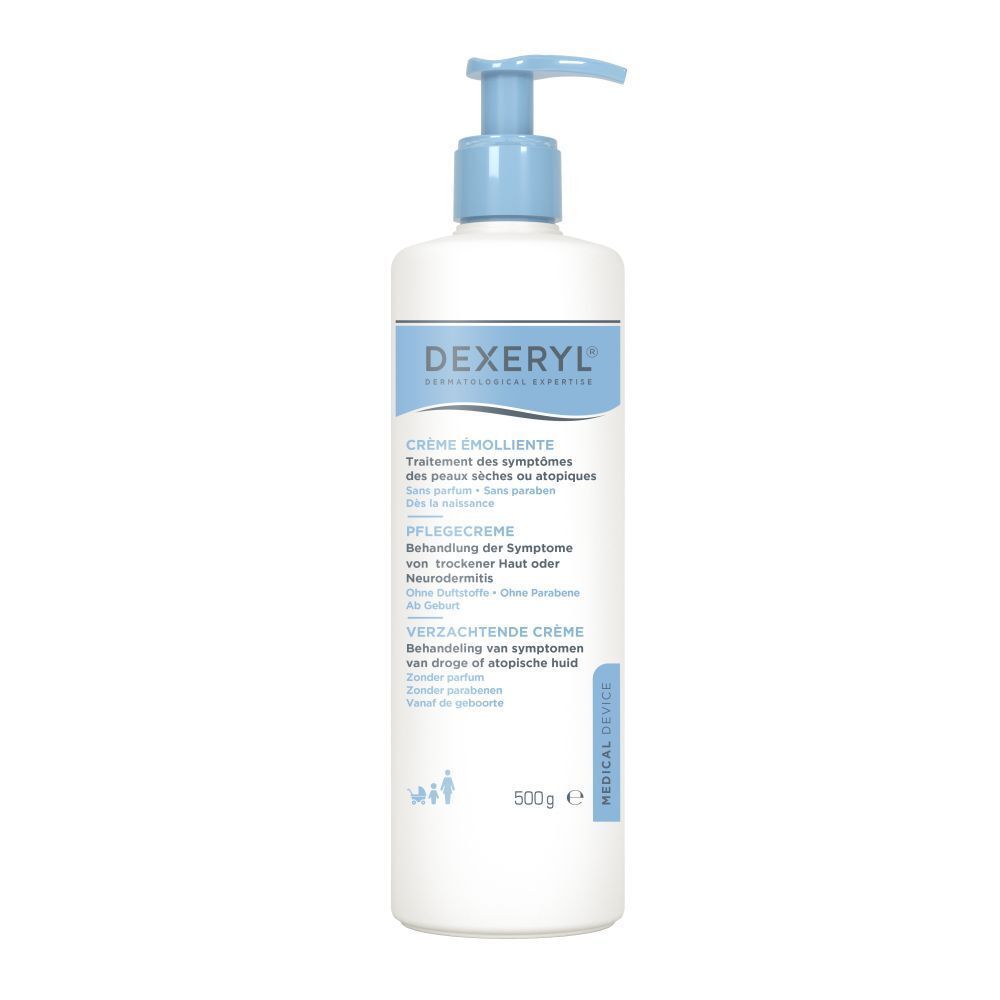 Witte fles met blauwe pomp. Opschrift: DEXERYL. Crème émolliente. 500g.