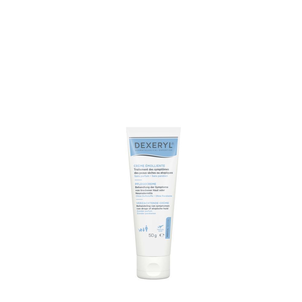 Tube de Dexeryl Crème. Tube blanc avec texte bleu. 50g. Dispositif médical.