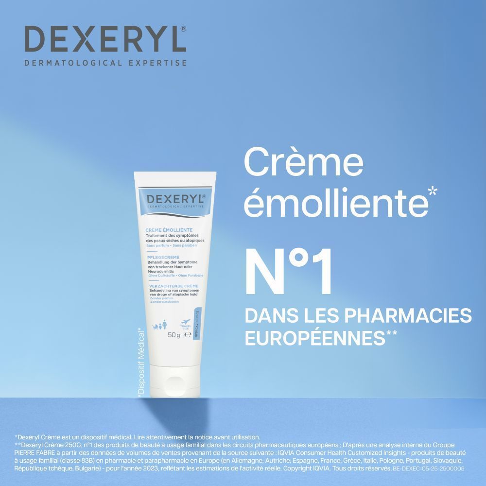 Tube de Dexeryl Crème. Tube blanc avec texte bleu. 50g. Dispositif médical.