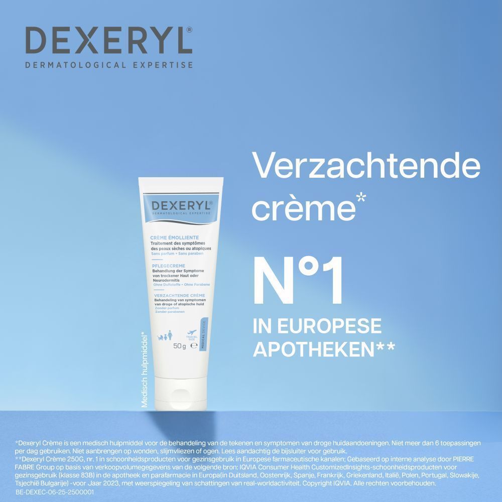 Dexeryl Crème tube. Witte tube met blauwe tekst. 50g. Medisch hulpmiddel.