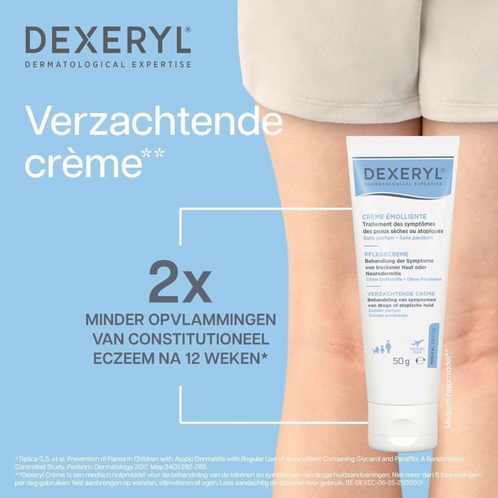 Dexeryl Crème tube. Witte tube met blauwe tekst. 50g. Medisch hulpmiddel.