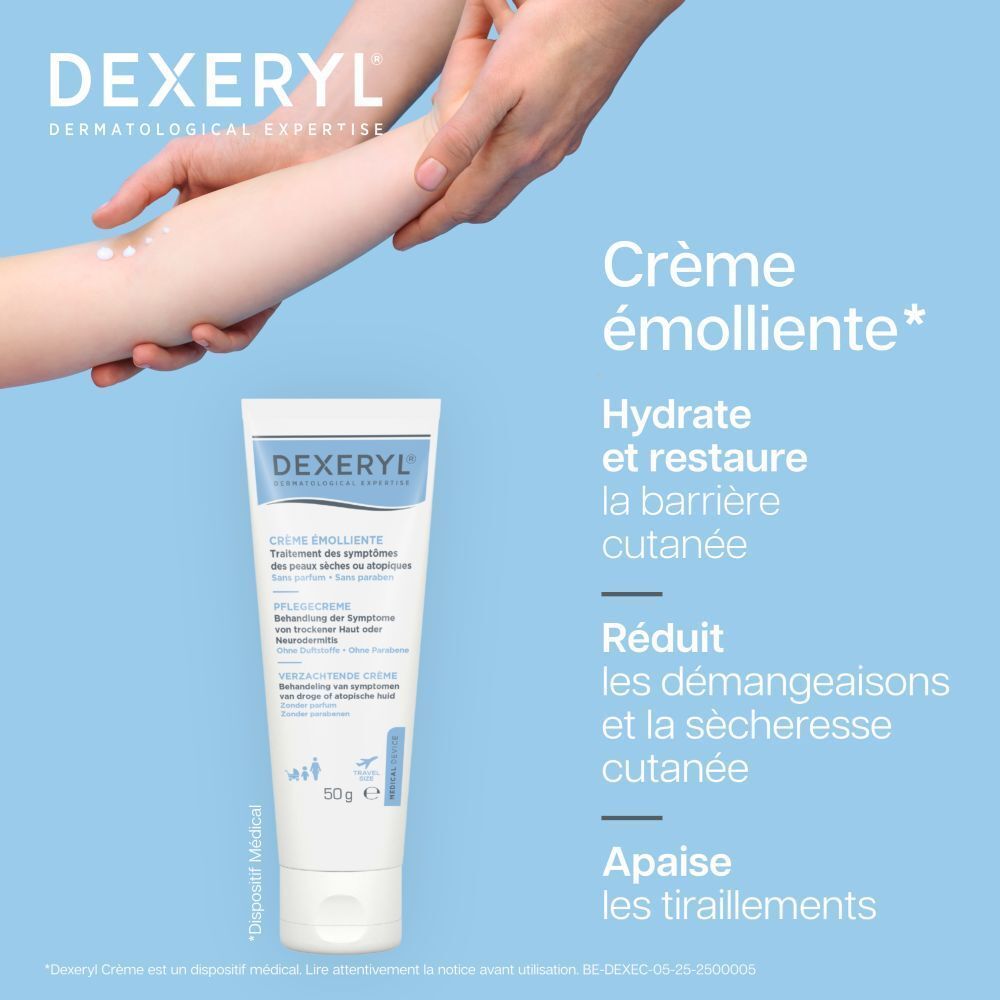 Tube de Dexeryl Crème. Tube blanc avec texte bleu. 50g. Dispositif médical.