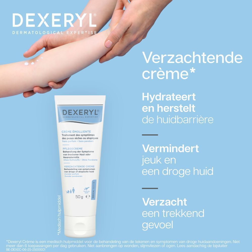 Dexeryl Crème tube. Witte tube met blauwe tekst. 50g. Medisch hulpmiddel.