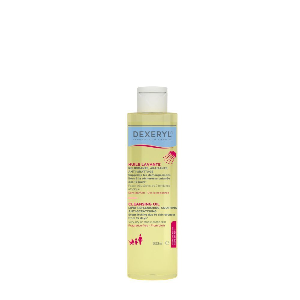 DEXERYL Huile Lavante. Flacon avec huile jaune et bouchon blanc. Texte en français.