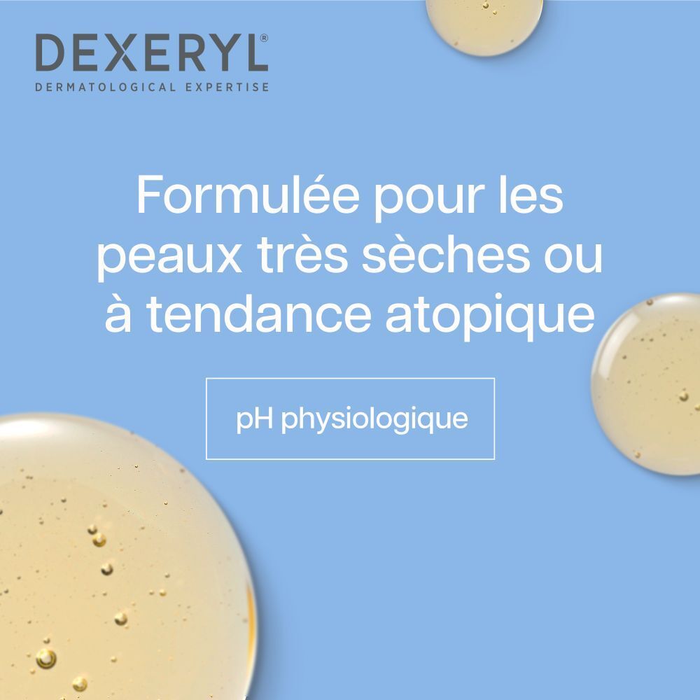 DEXERYL Huile Lavante. Flacon avec huile jaune et bouchon blanc. Texte en français.