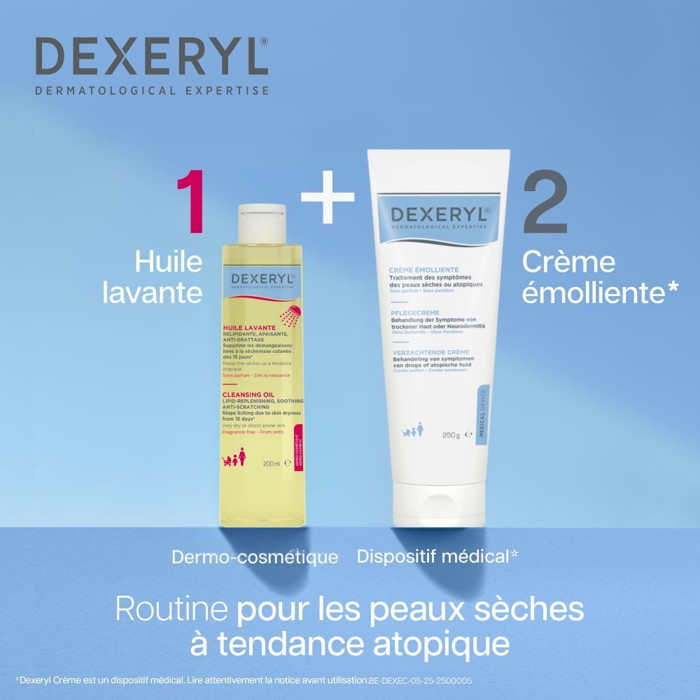 DEXERYL Huile Lavante. Flacon avec huile jaune et bouchon blanc. Texte en français.