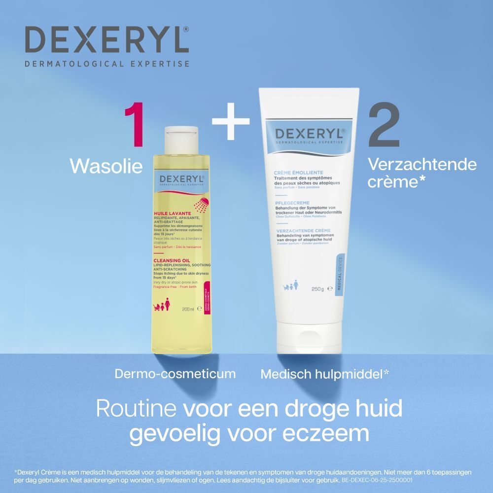 DEXERYL Huile Lavante. Fles met gele olie en witte dop. Tekst in het Nederlands.