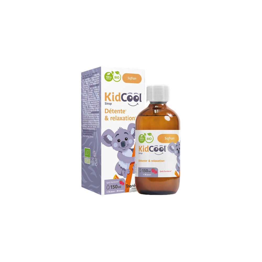 Emballage avec bouteille et boîte, tous deux avec illustration de koala et informations produit en français.