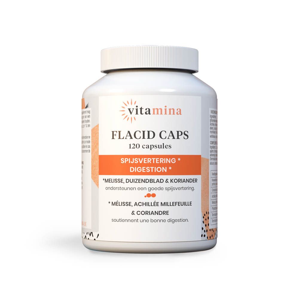 Vitamina Flacid Caps: Witte pot met 120 capsules, etiket met productinformatie en botanische illustraties.