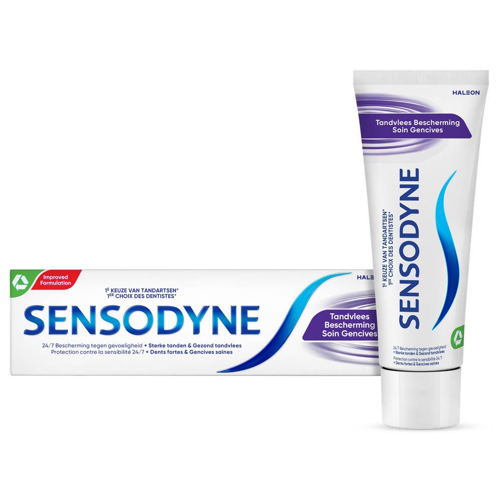 Tube et boîte de dentifrice Sensodyne. Blanc, bleu et vert. Texte: Protection gencives, 1er choix des dentistes.