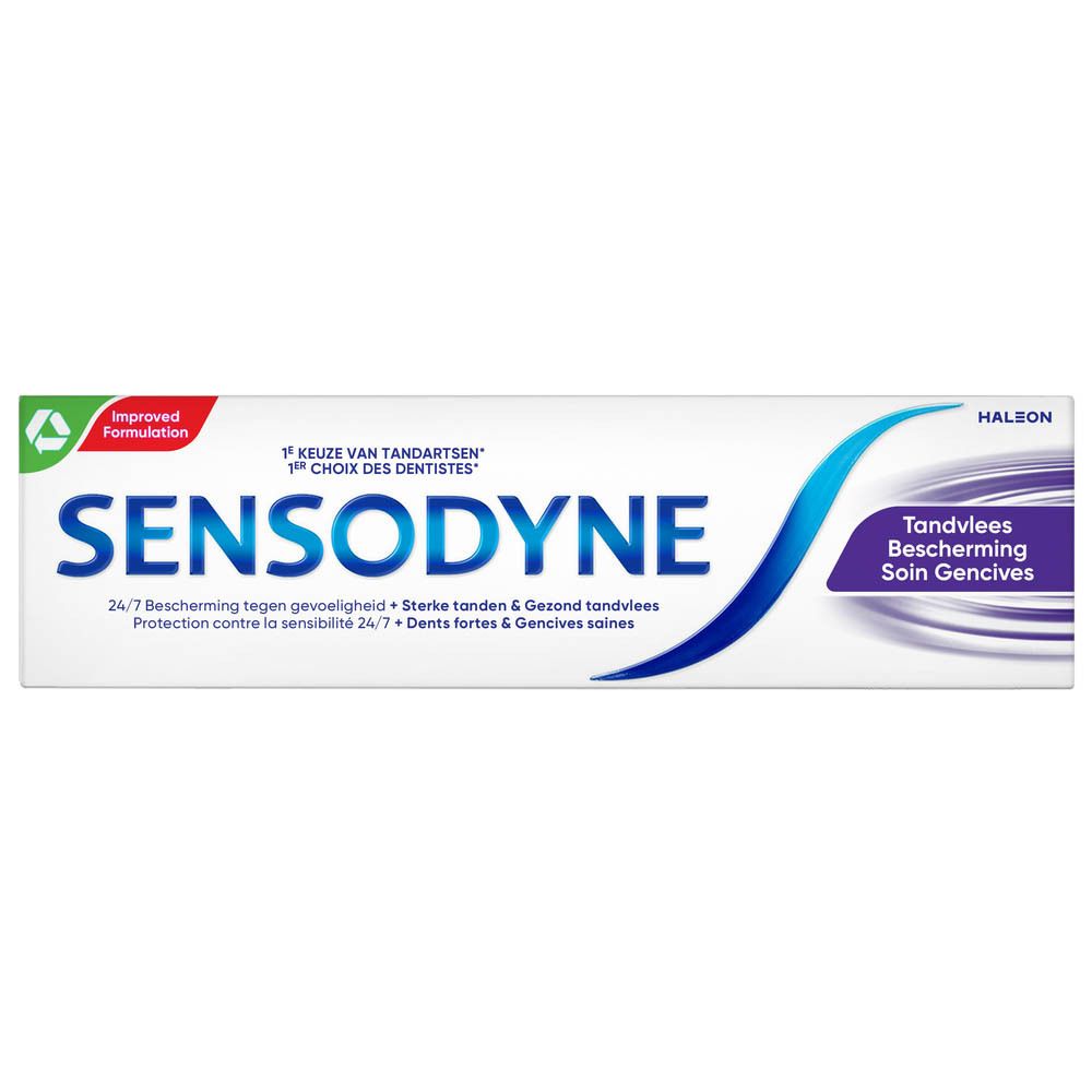 Boîte de dentifrice Sensodyne. Blanc, bleu et vert. Texte: Protection gencives, 1er choix des dentistes.