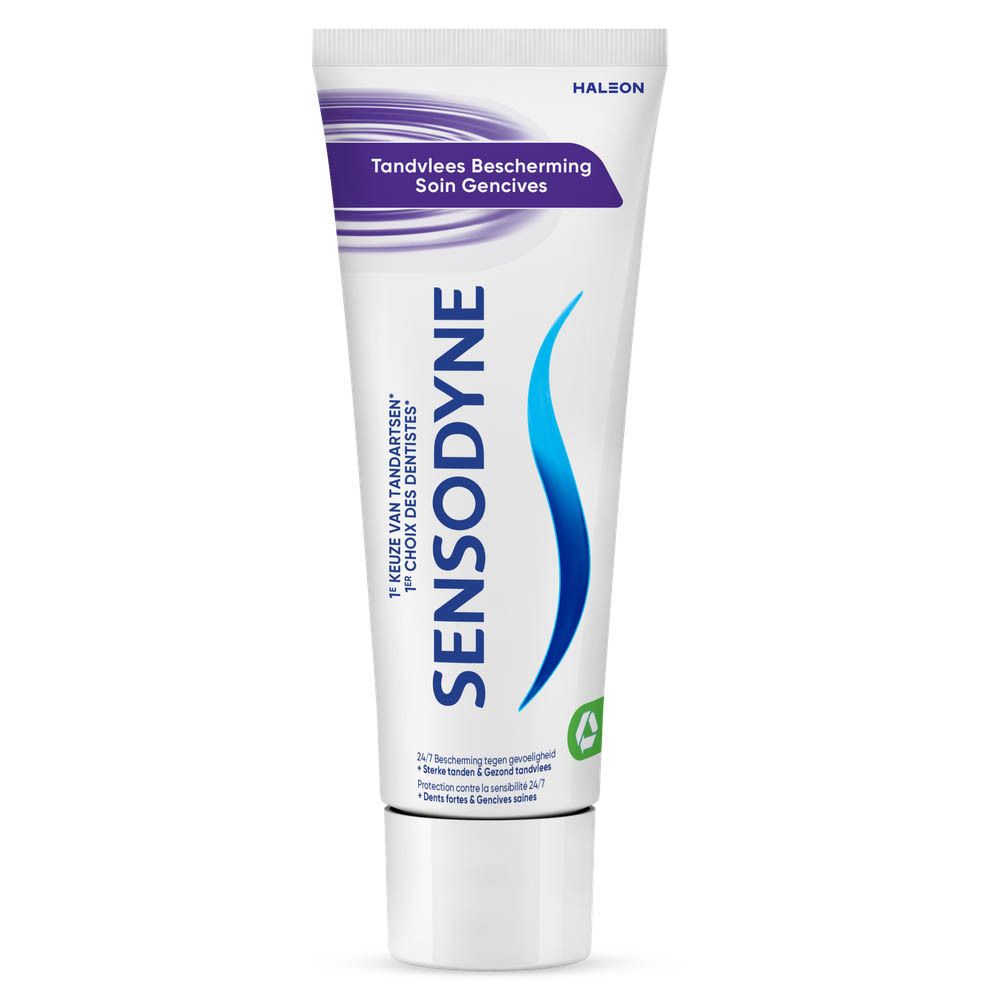 Tube de dentifrice Sensodyne. Blanc, bleu et vert. Texte: Protection gencives, 1er choix des dentistes.