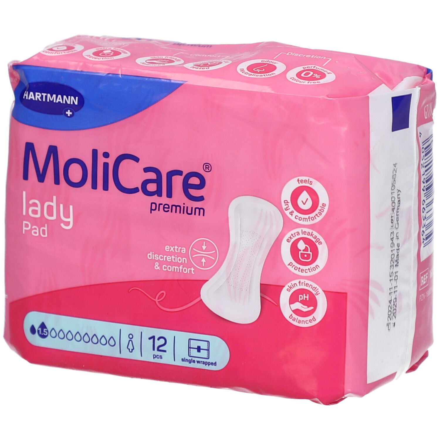 Paquet rose MoliCare lady Pad, 12 pièces. Sec, confortable, discrétion, pH équilibré.