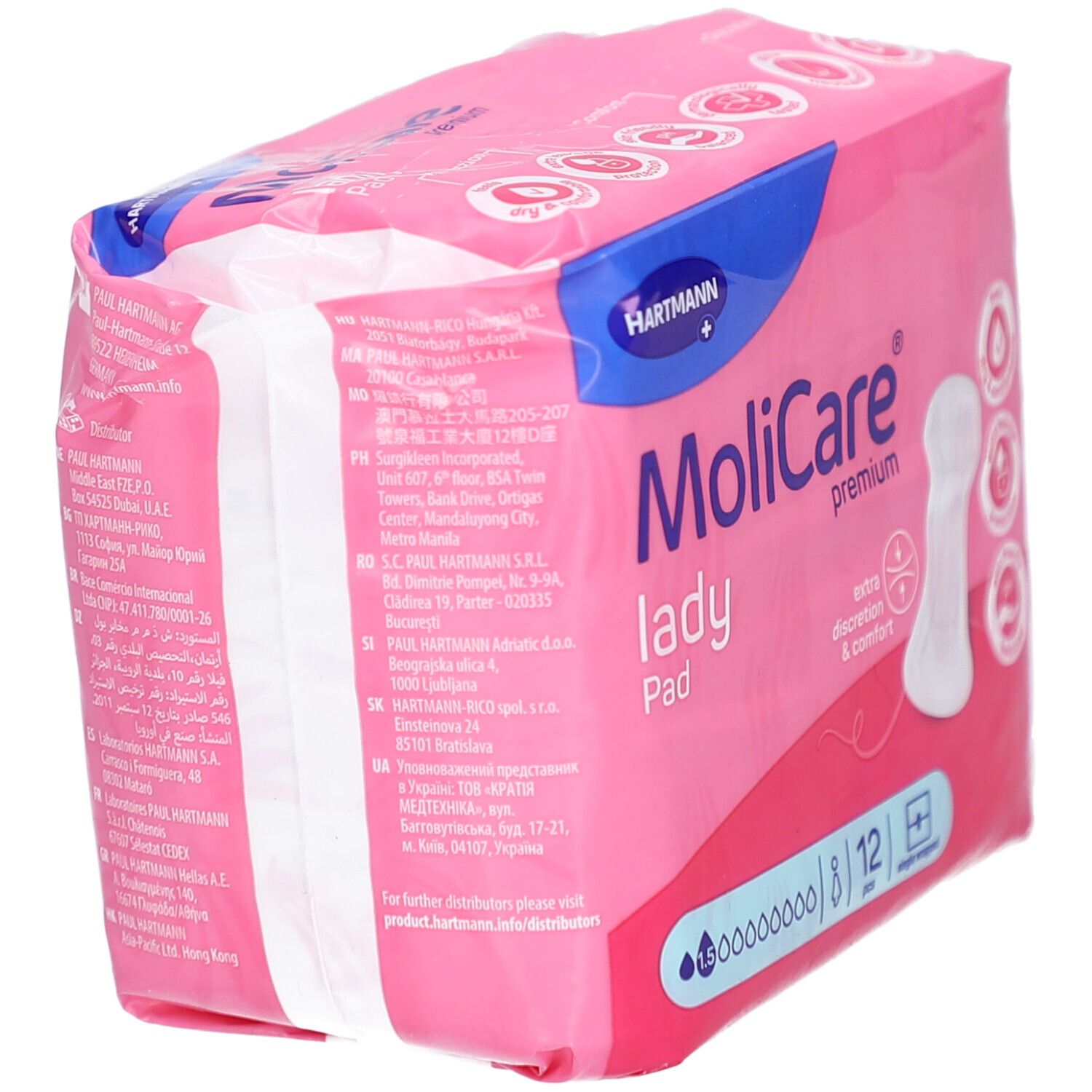 Paquet rose MoliCare lady Pad, vue de dessus. 8/12 pièces. Sec, confortable, discrétion.