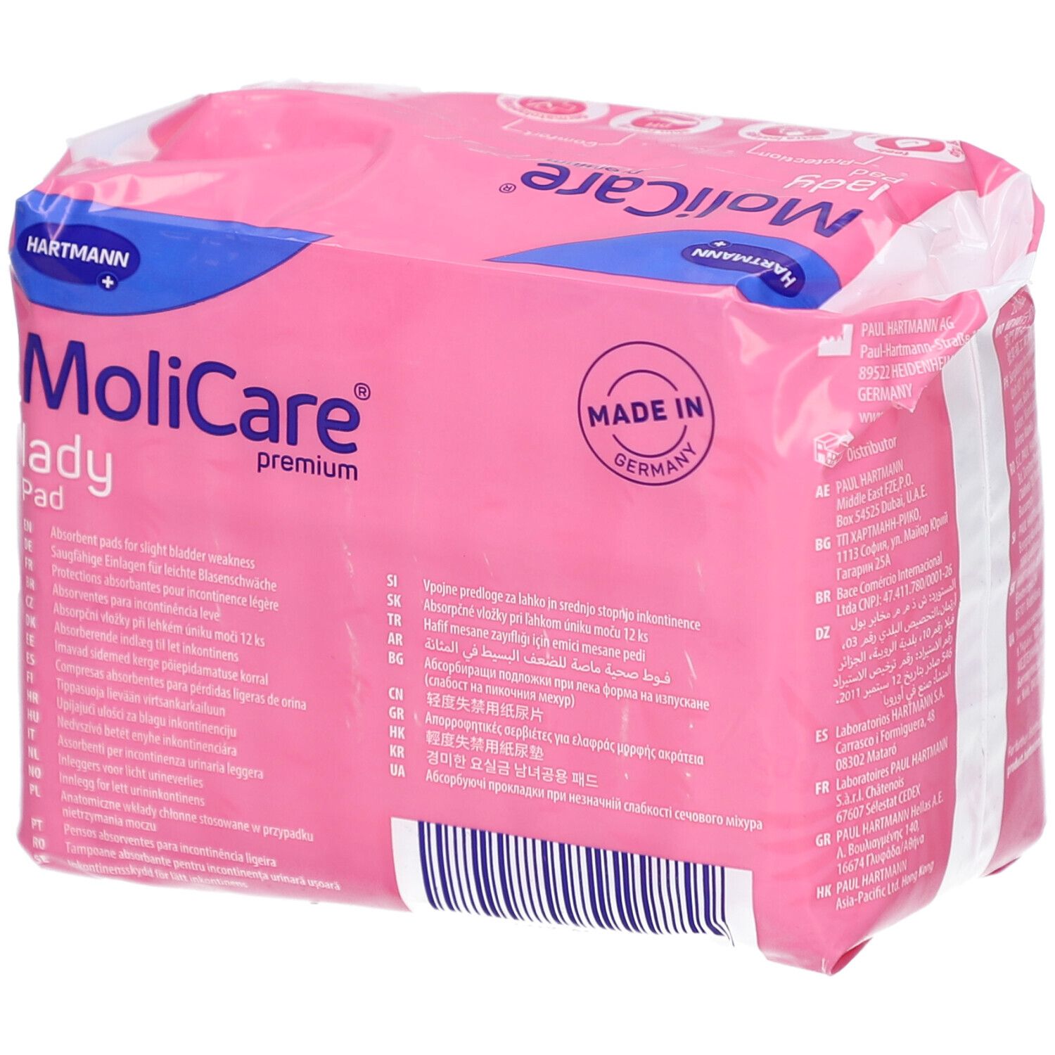 Paquet rose MoliCare lady Pad, dos. Fabriqué en Allemagne. Sec, confortable, discrétion.