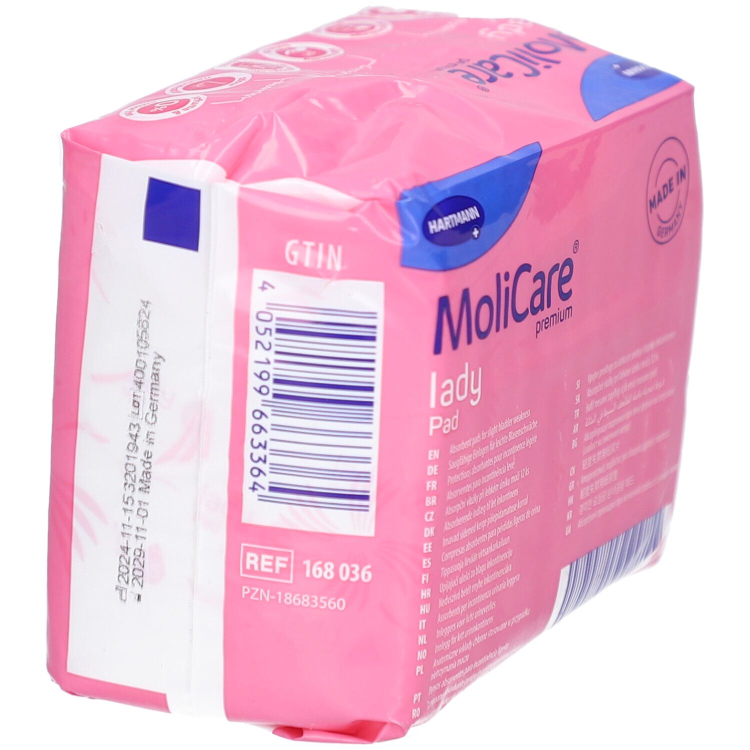 Roze verpakking MoliCare lady Pad. Achterkant met tekst en barcode. Made in Germany. Hartmann logo. Individueel verpakt. 12 stuks.