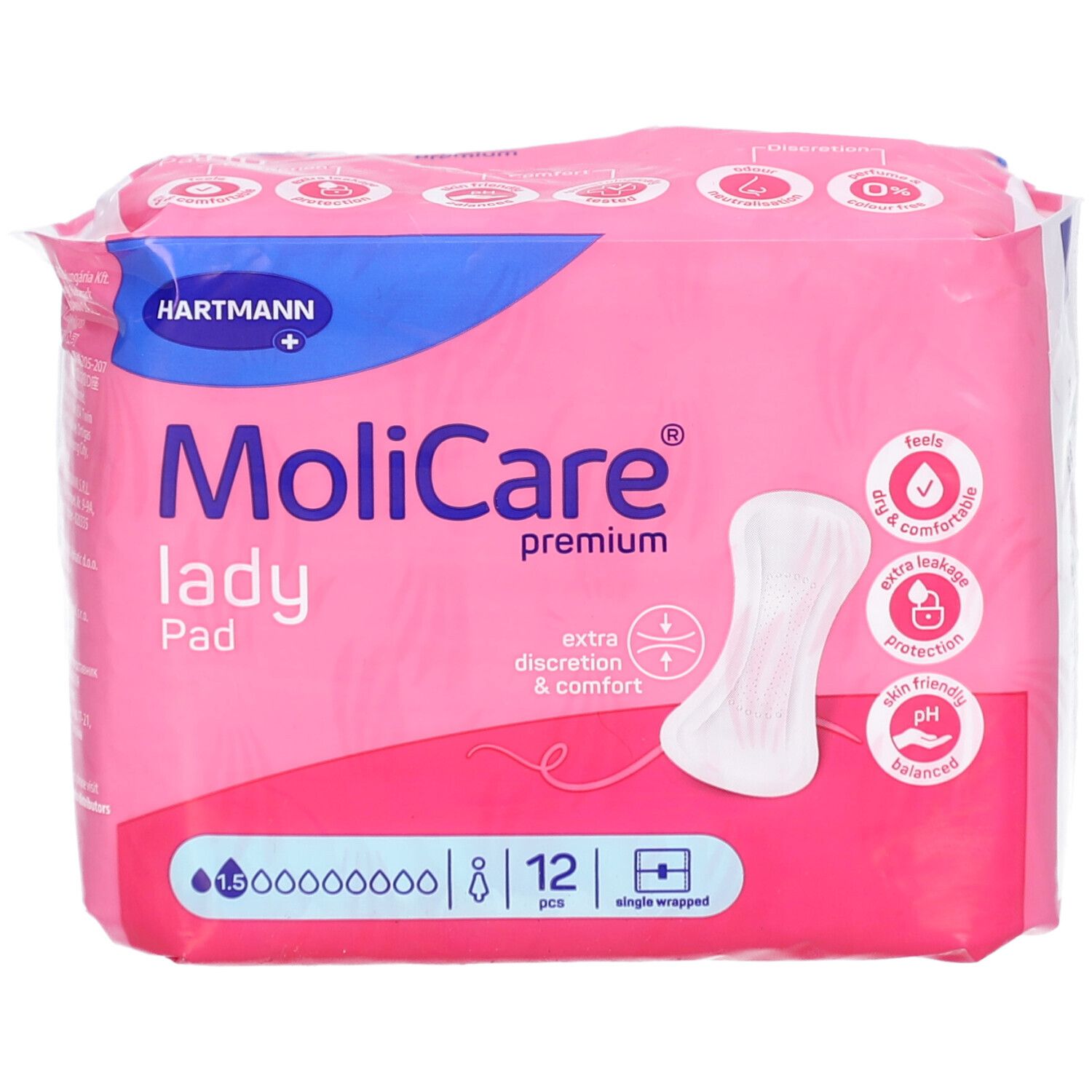 Paquet rose MoliCare lady Pad, 12 pièces. Sec, confortable, discrétion, pH équilibré.