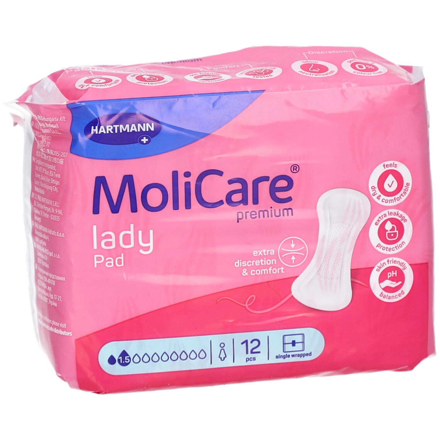 Paquet rose MoliCare lady Pad, 12 pièces. Sec, confortable, discrétion, pH équilibré.