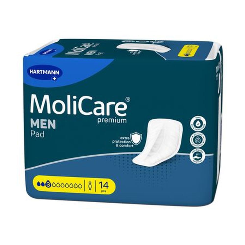 Hartmann MoliCare Men Pad, verpakking van 14 stuks. Blauwe verpakking met productafbeelding en logo's. Extra bescherming & comfort.