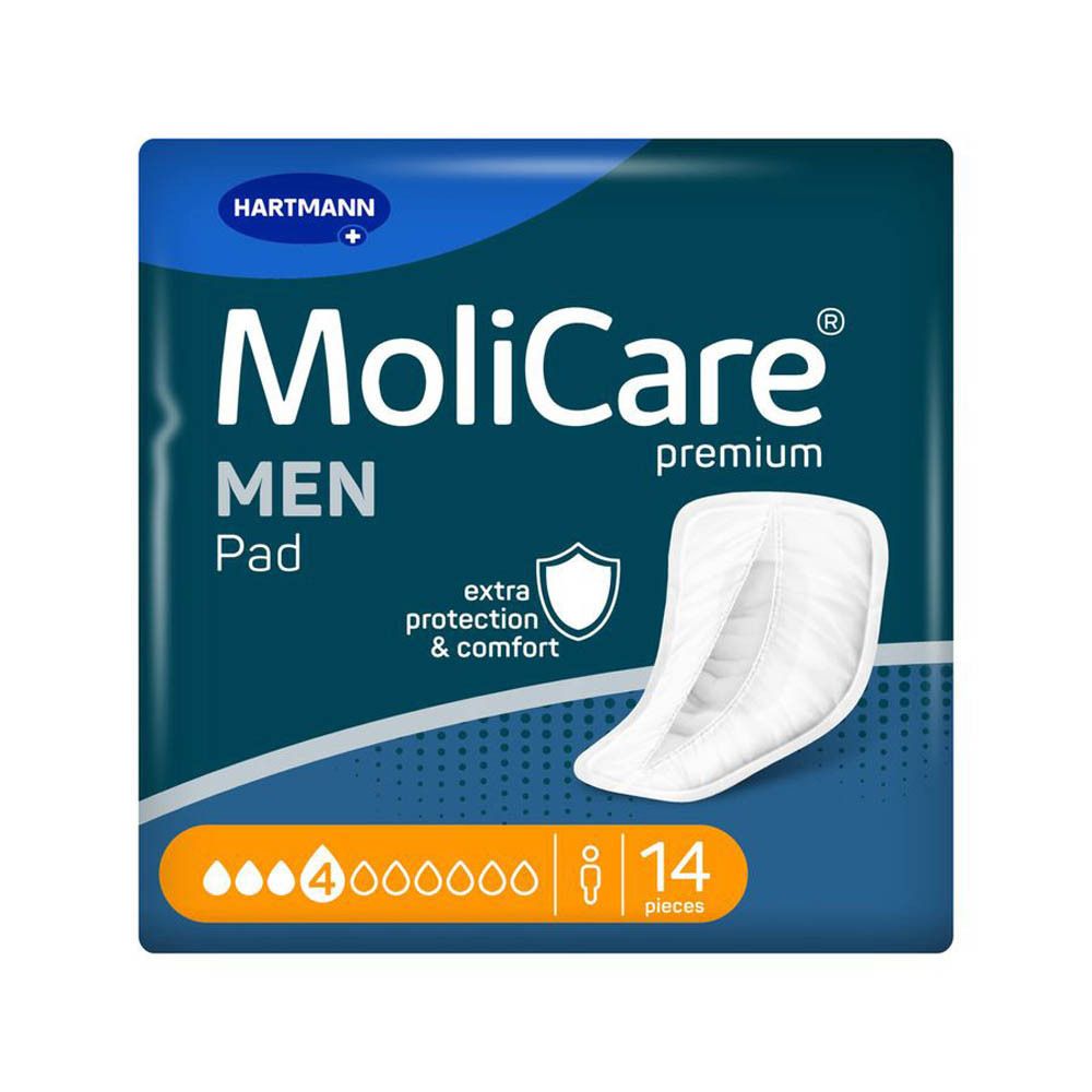 Paquet de Molicare Men Pad. 14 unités. Protection et confort supplémentaires. Logo Hartmann. Visuel du produit.