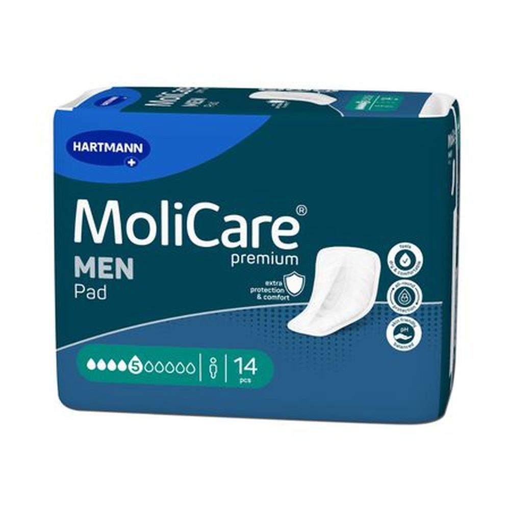 Hartmann MoliCare Men Pad verpakking. Blauwe verpakking met productafbeelding en informatie. Bevat 8 stuks.