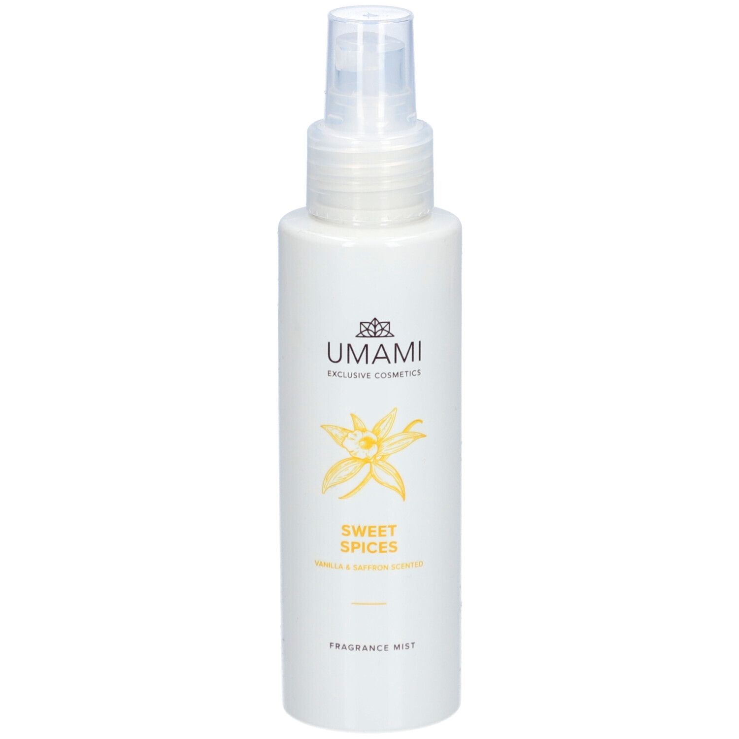 Witte fles met verstuiver. Opschrift: UMAMI, Sweet Spices, Vanille & Safran. Product: Fragrance Mist.