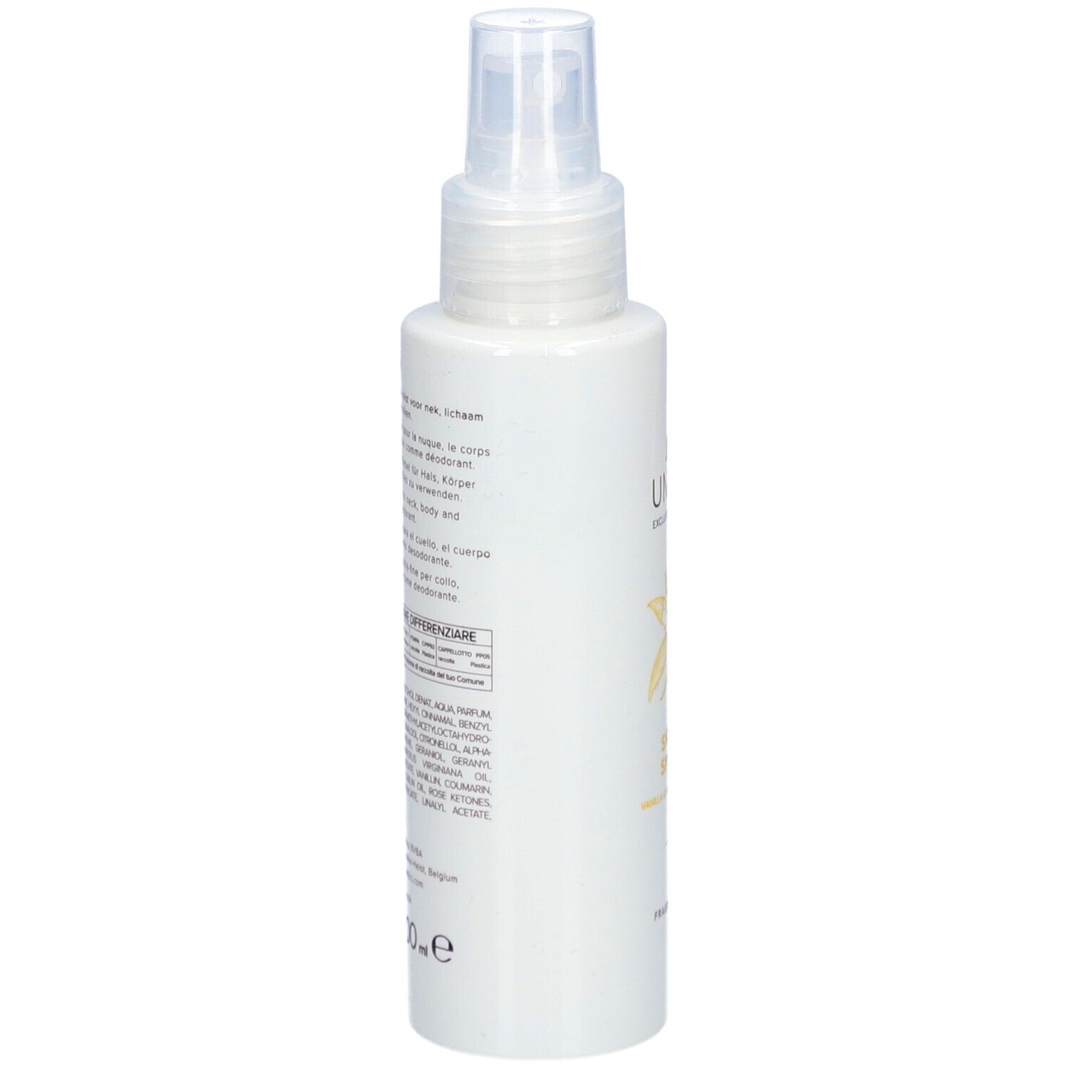Witte fles met verstuiver. Opschrift: UMAMI, Sweet Spices, Vanille & Safran. Product: Fragrance Mist. Zijaanzicht.
