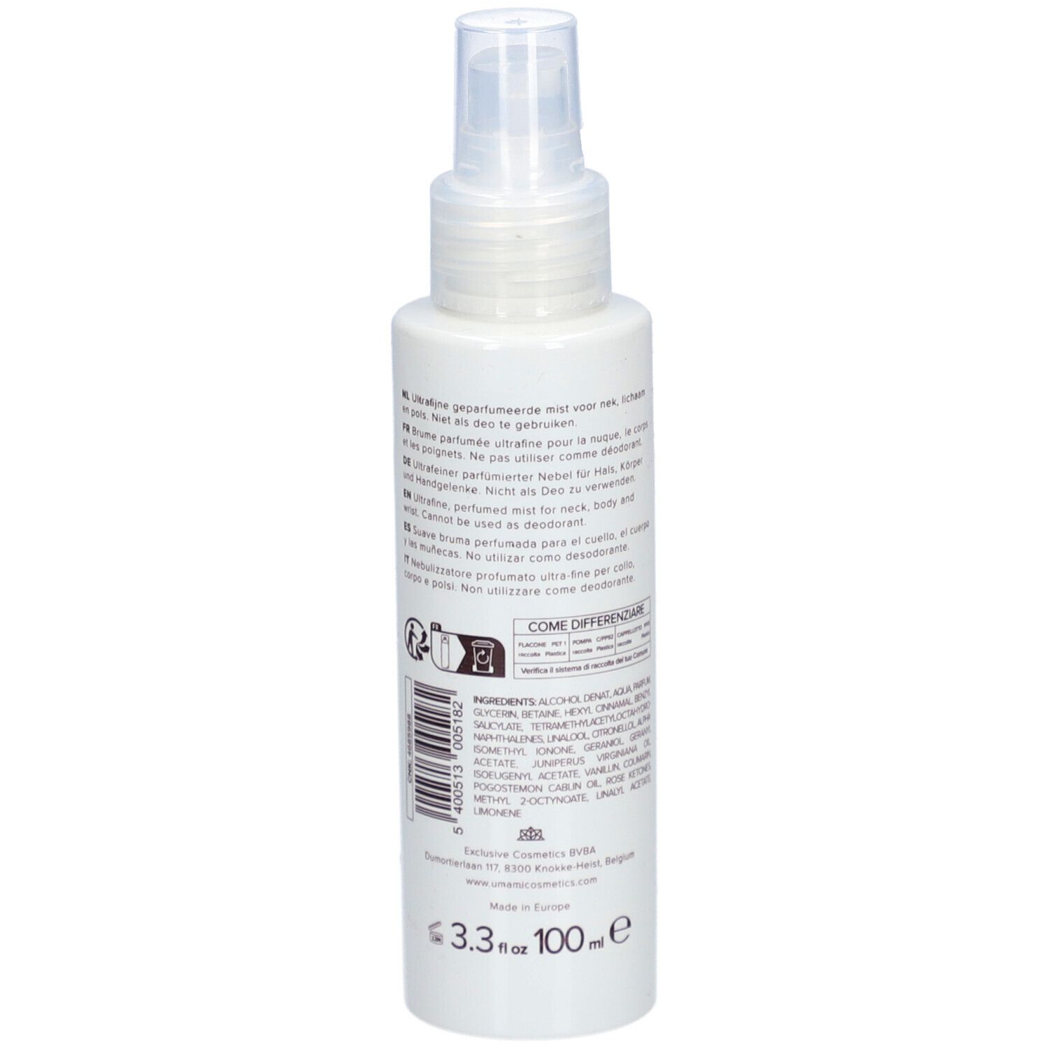 Witte fles met verstuiver. Achterkant met tekst en ingrediënten. Opschrift: UMAMI, 3.3 fl.oz. 100ml.
