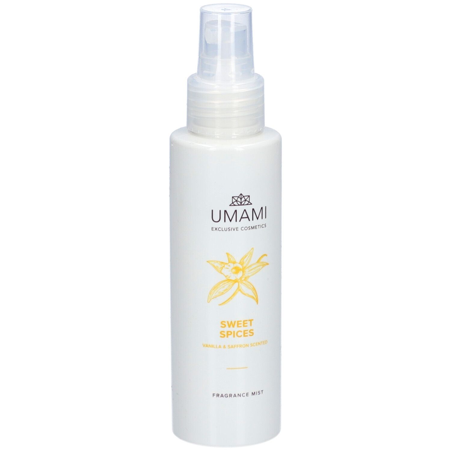 Witte fles met verstuiver. Opschrift: UMAMI, Sweet Spices, Vanille & Safran. Product: Fragrance Mist.