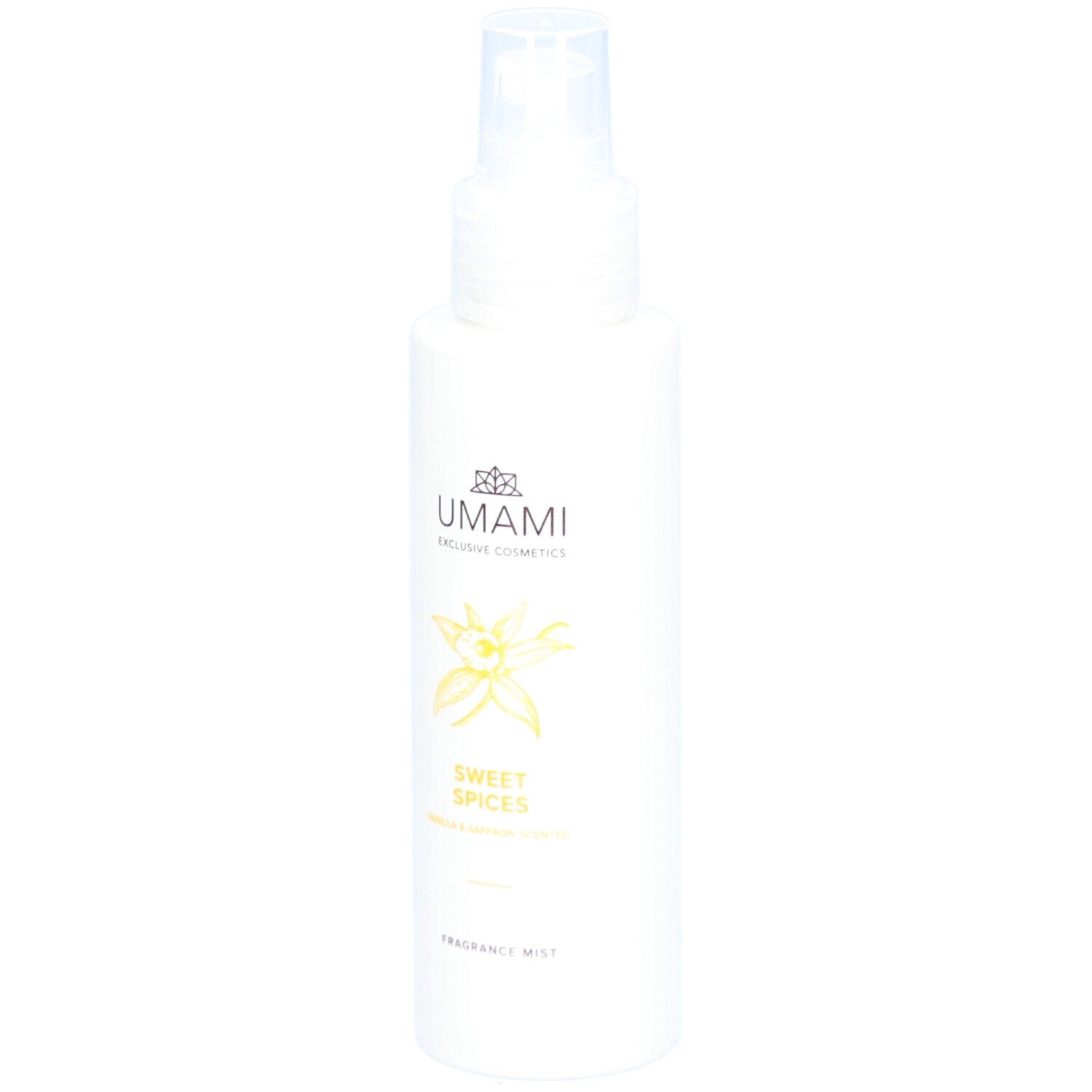 Witte fles met verstuiver. Opschrift: UMAMI, Sweet Spices, Vanille & Safran. Product: Fragrance Mist.